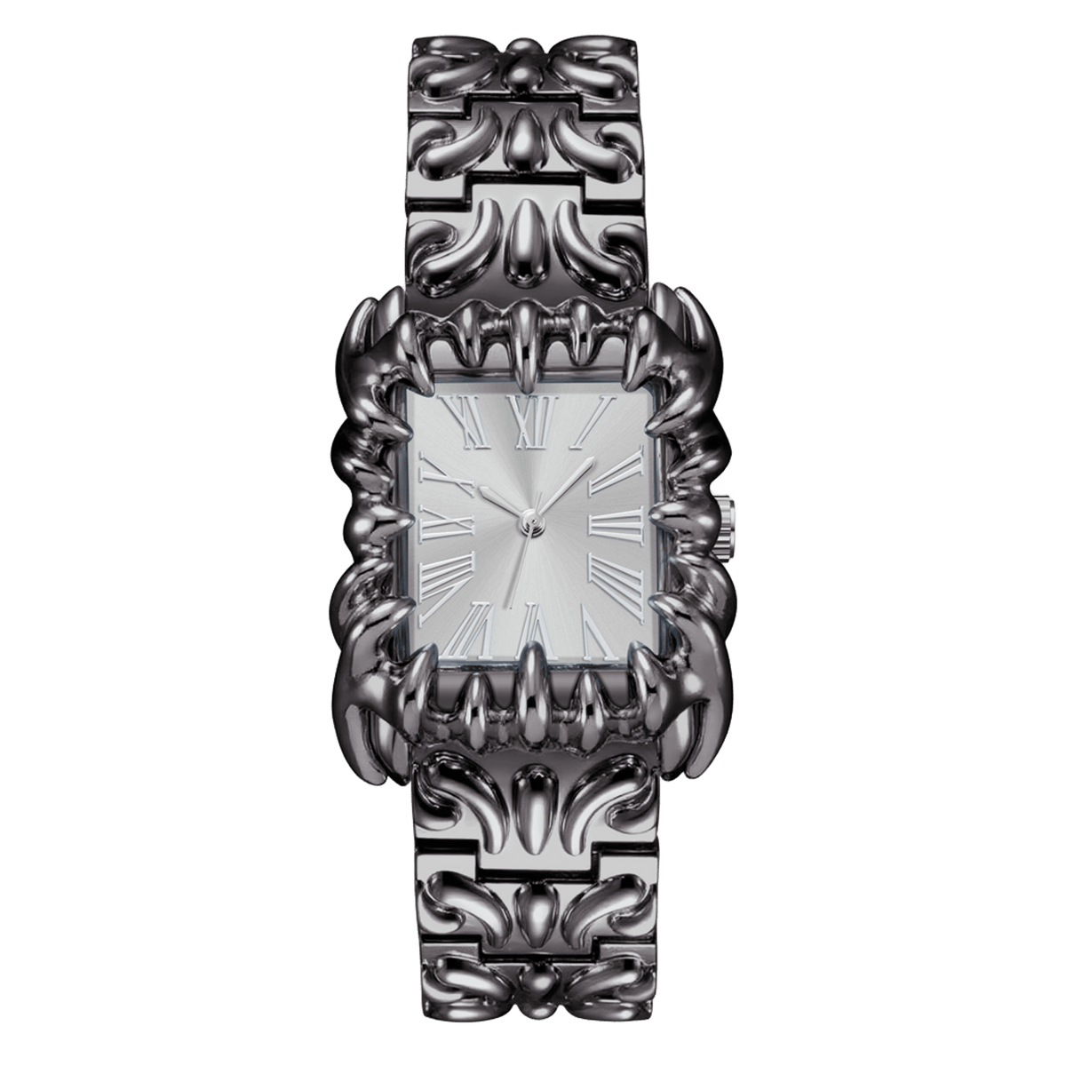Abyss Grip watch with silver rectangular Roman numeral dial, silver-tone claw-shaped case and sculpted bracelet, front view