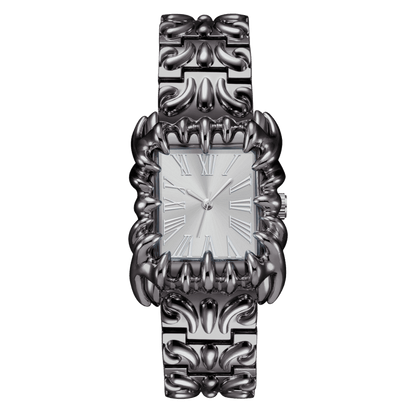 Abyss Grip watch with silver rectangular Roman numeral dial, silver-tone claw-shaped case and sculpted bracelet, front view