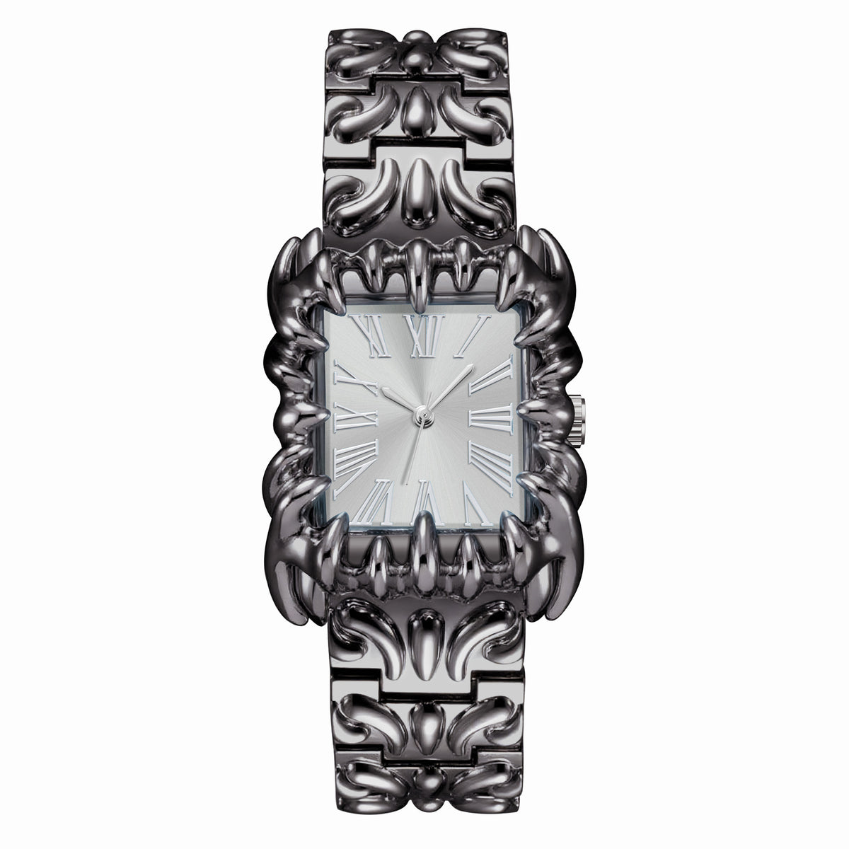 Abyss Grip silver dial gothic skeleton claw watch front view