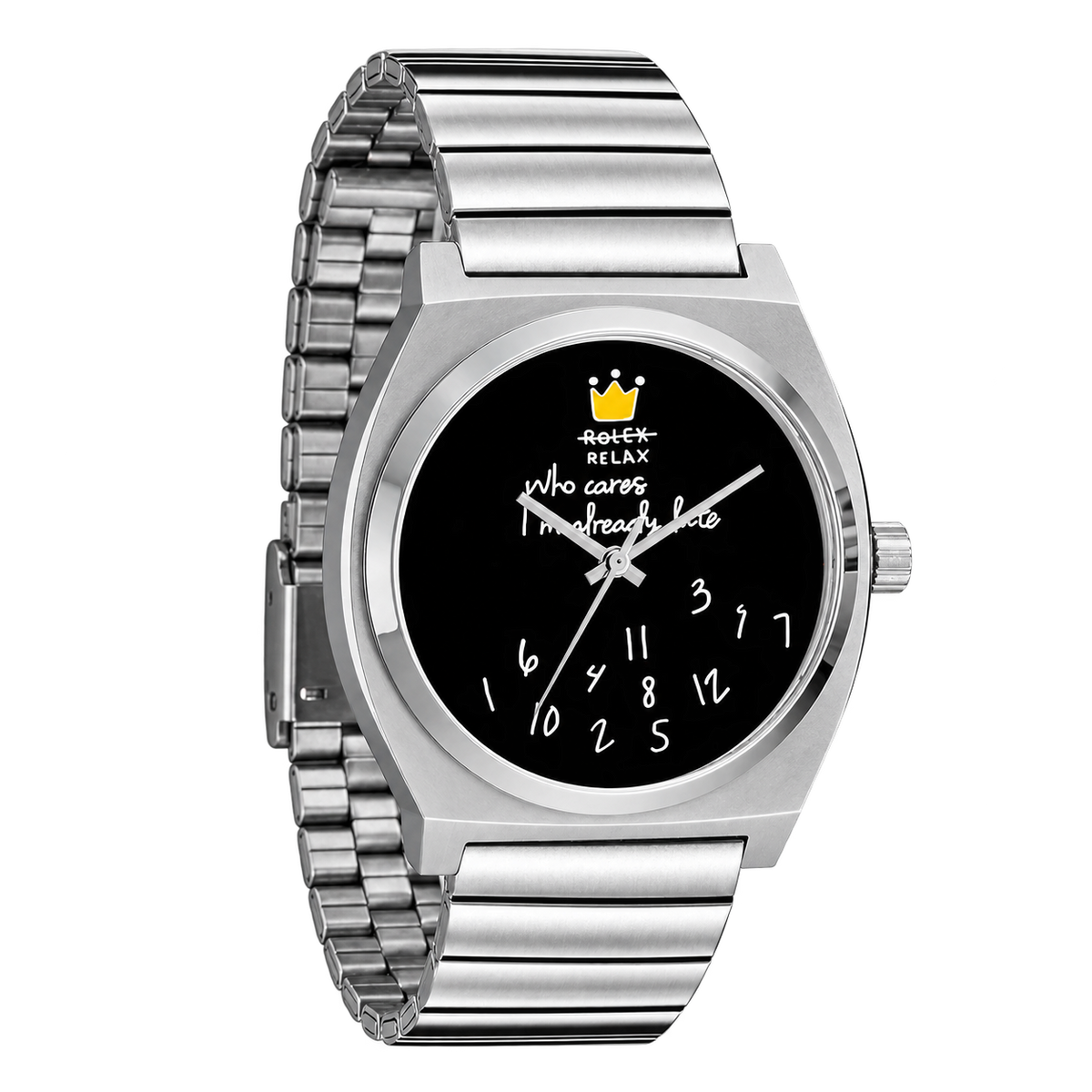 Angled view of CHOOSZ No Status watch with black crown-and-numeral dial and silver single-link steel bracelet