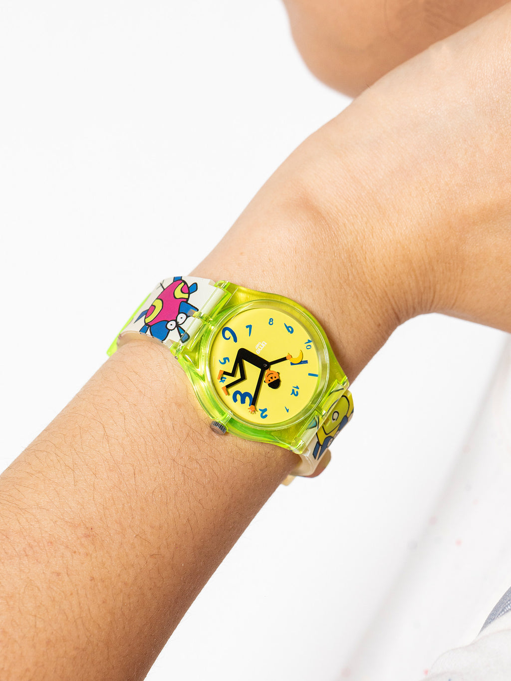 Time Thief translucent neon green pop art watch close-up on wrist