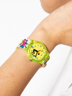 Time Thief translucent neon green pop art watch close-up on wrist