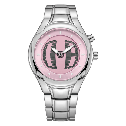 Front view of CHOOSZ Pulse Orbit watch with pink hybrid dial, dark curved digital segments, silver hands and stainless steel bracelet