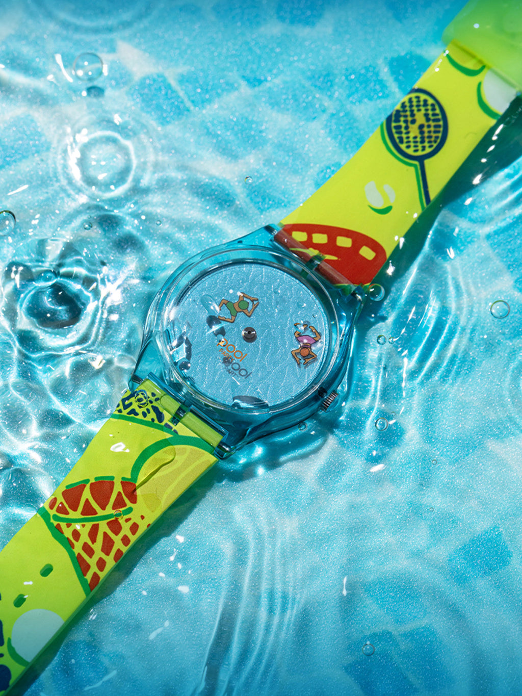 Pool Party translucent aqua watch shown in water to demonstrate daily water resistance