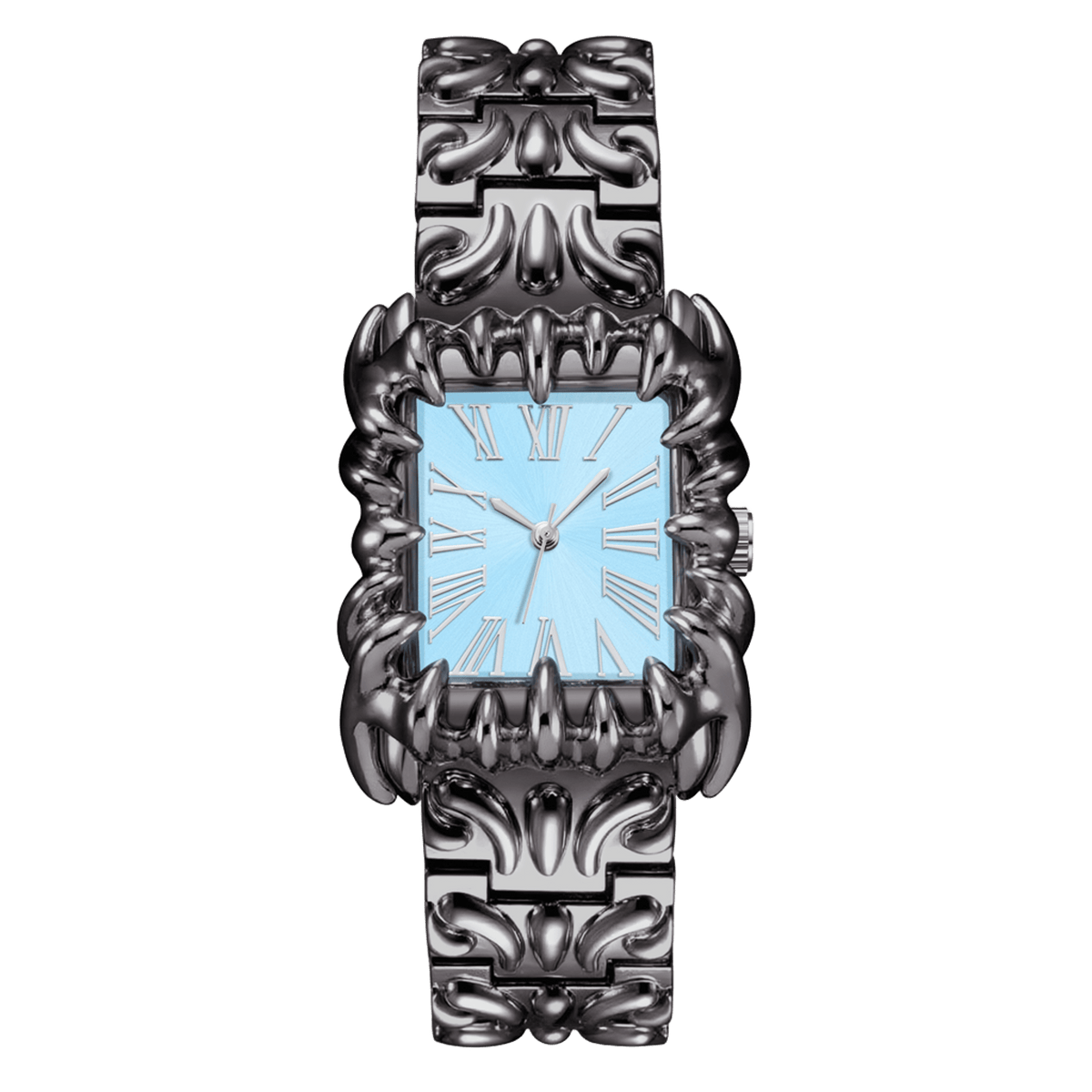 Abyss Grip watch with pale blue rectangular Roman numeral dial, silver-tone claw-shaped case and sculpted bracelet, front view