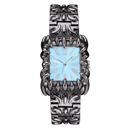 Abyss Grip watch with pale blue rectangular Roman numeral dial, silver-tone claw-shaped case and sculpted bracelet, front view