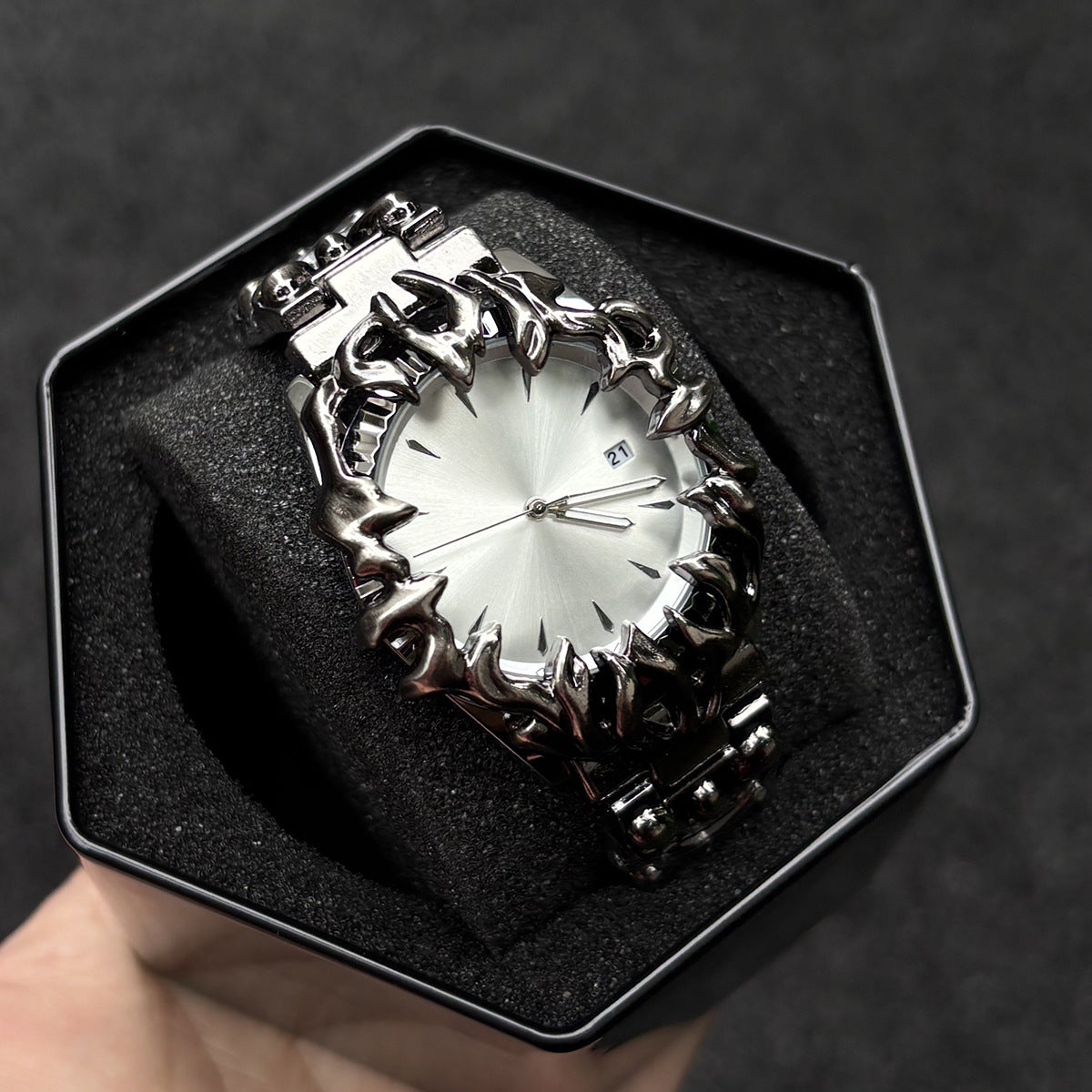 Abyssal Vine silver dial gothic sculpted metal watch presented in box