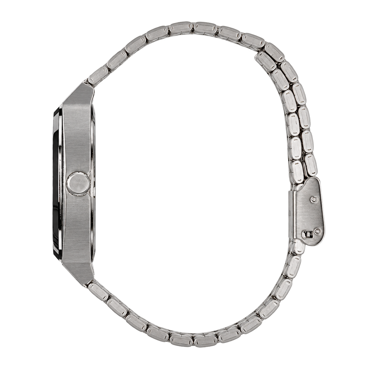 Side profile of CHOOSZ No Status watch showing brushed silver case, crown and steel bracelet clasp