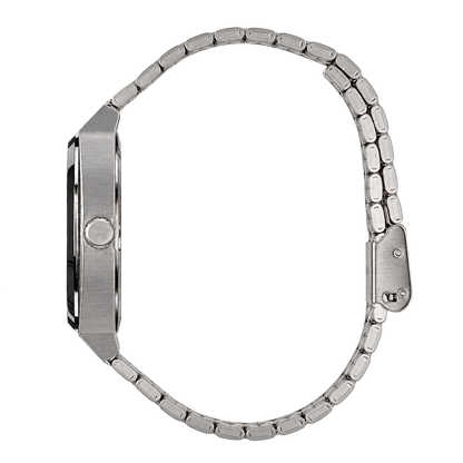 Side profile of CHOOSZ No Status watch showing brushed silver case, crown and steel bracelet clasp