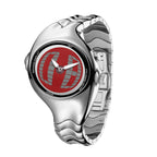 Morph Drift red dial Y2K animated seconds watch, front three-quarter view
