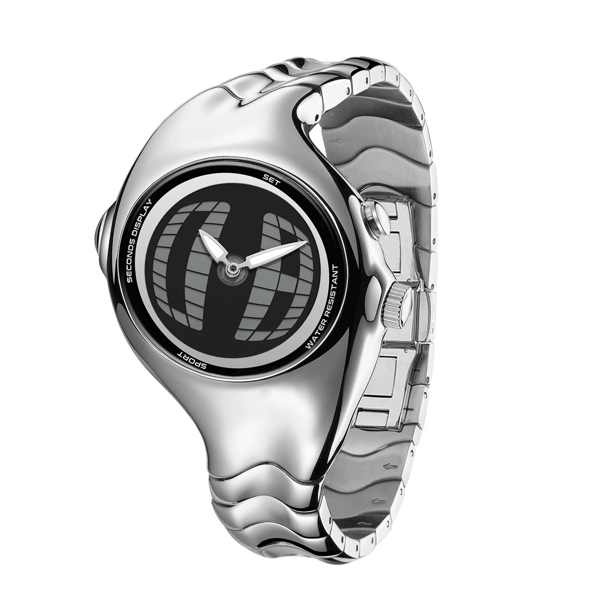 Morph Drift black dial Y2K animated seconds watch, front three-quarter view