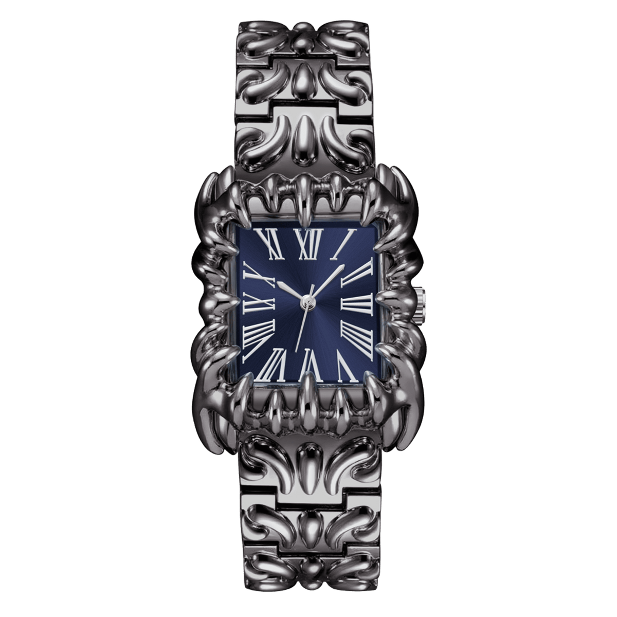 Abyss Grip watch with navy blue rectangular Roman numeral dial, silver-tone claw-shaped case and sculpted bracelet, front view