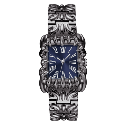 Abyss Grip watch with navy blue rectangular Roman numeral dial, silver-tone claw-shaped case and sculpted bracelet, front view