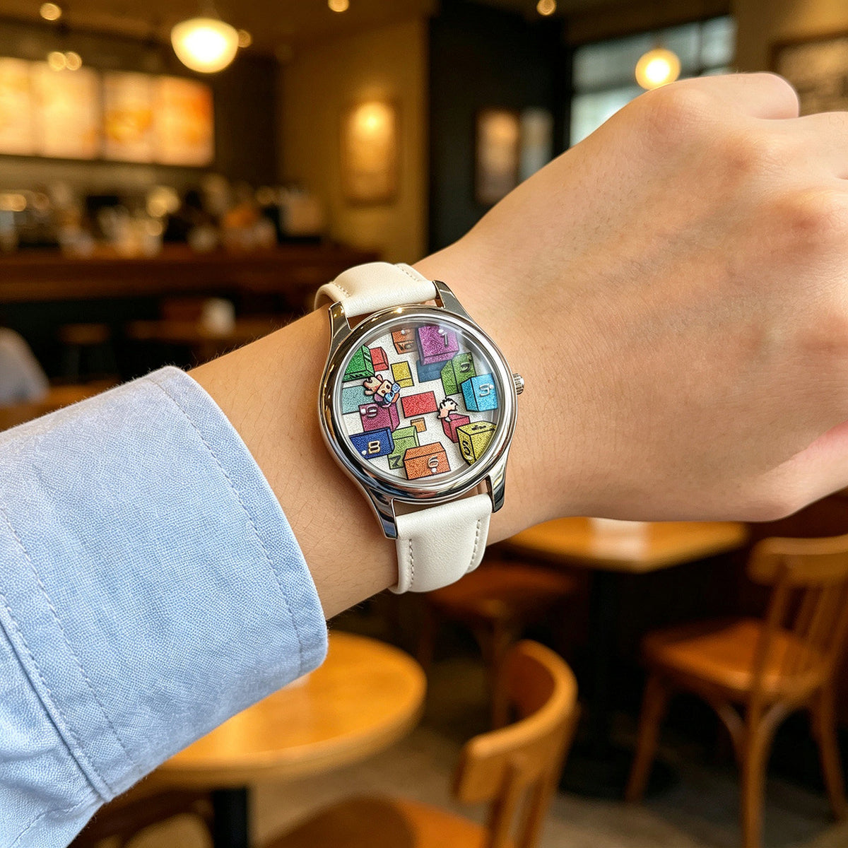CHOOSZ Weightless Hours watch with colorful numbered-block dial and white leather strap worn on a wrist in a cafe