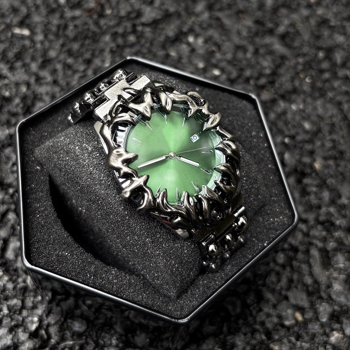 Abyssal Vine green dial gothic sculpted metal watch presented in box