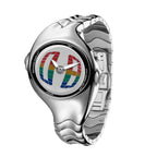 Morph Drift multicolor dial Y2K animated seconds watch, front three-quarter view