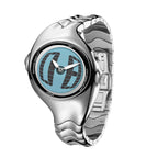 Morph Drift blue dial Y2K animated seconds watch, front three-quarter view