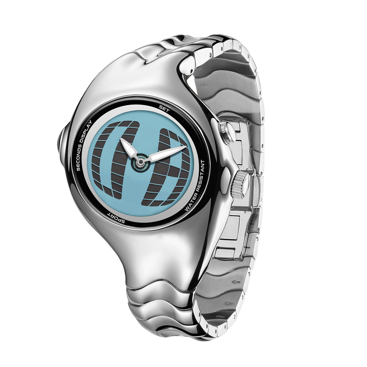 Morph Drift blue dial Y2K animated seconds watch, front three-quarter view
