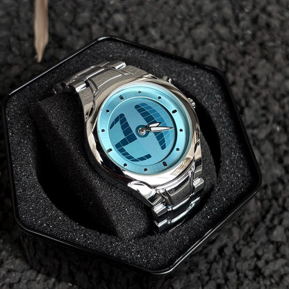 CHOOSZ Pulse Orbit light blue hybrid-dial watch with silver steel bracelet displayed in a black foam-lined presentation tin