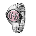 Morph Drift pink dial Y2K animated seconds watch, front three-quarter view