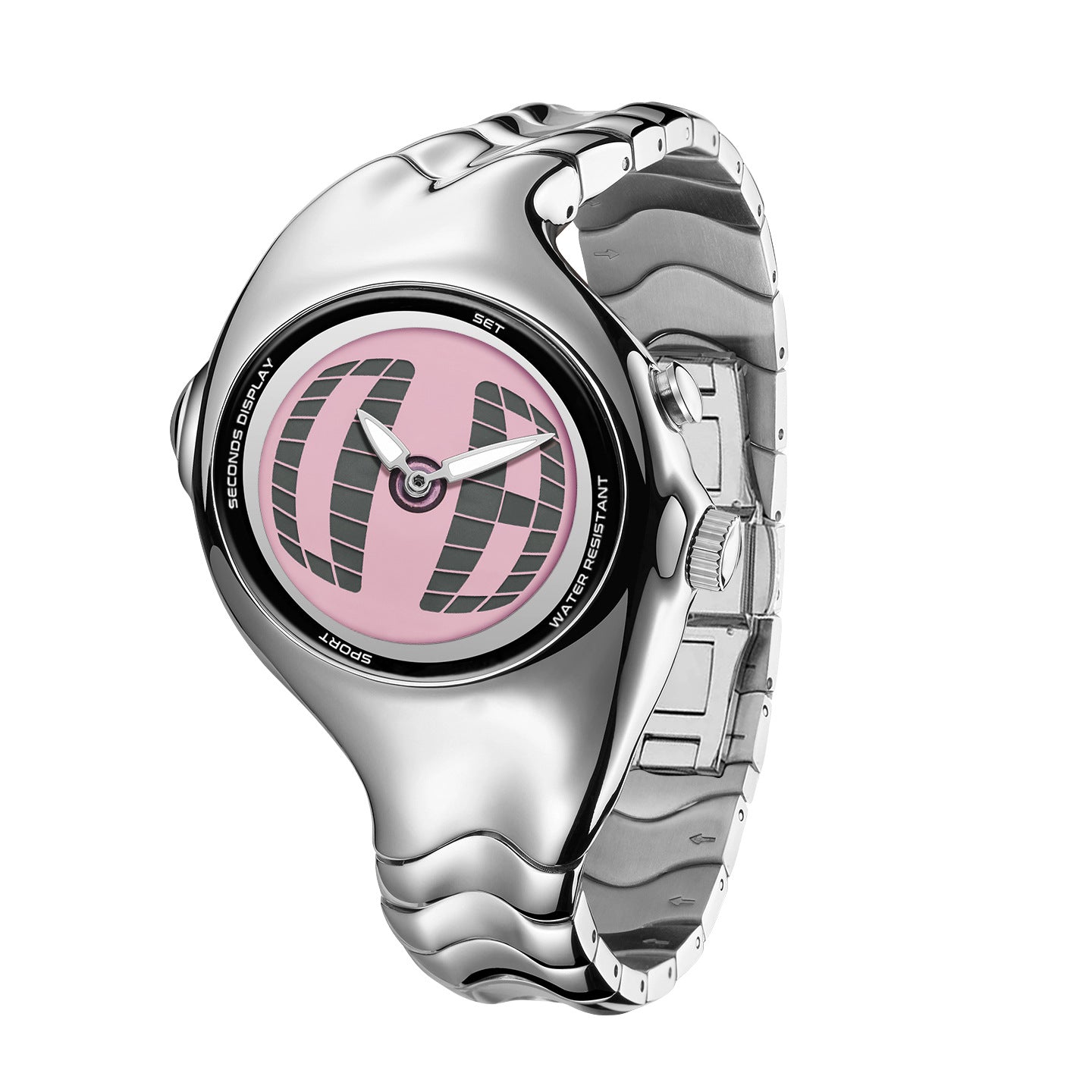 Morph Drift pink dial Y2K animated seconds watch, front three-quarter view