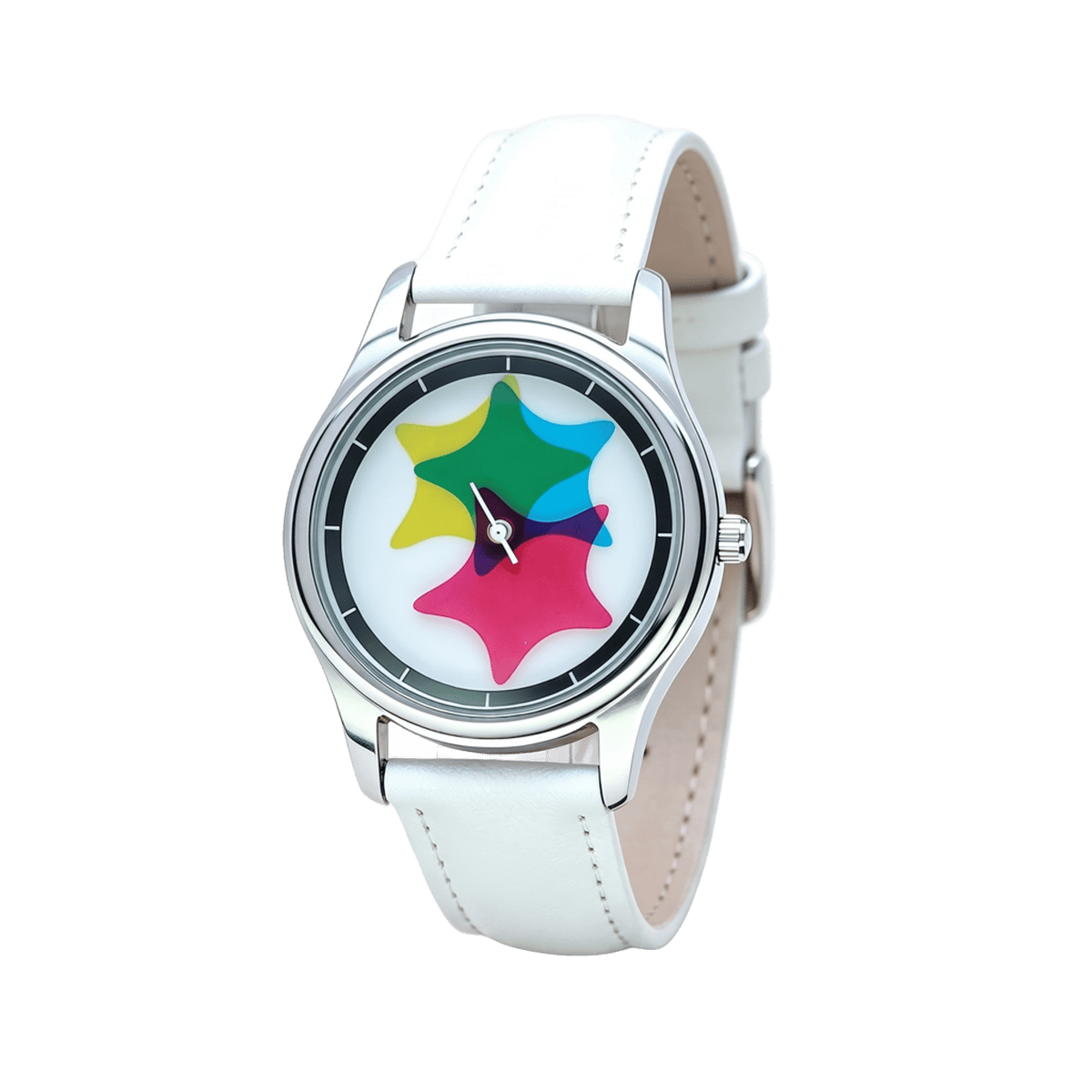Chroma Morph rotating CMY star watch angled view with white strap