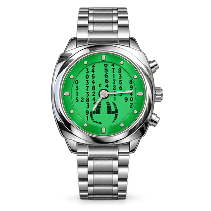 Front view of CHOOSZ Code Rain watch with green rolling-number dial, silver hour markers, analog hands and stainless steel bracelet