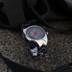 Chrono Flux red Y2K futuristic analog watch presented in box