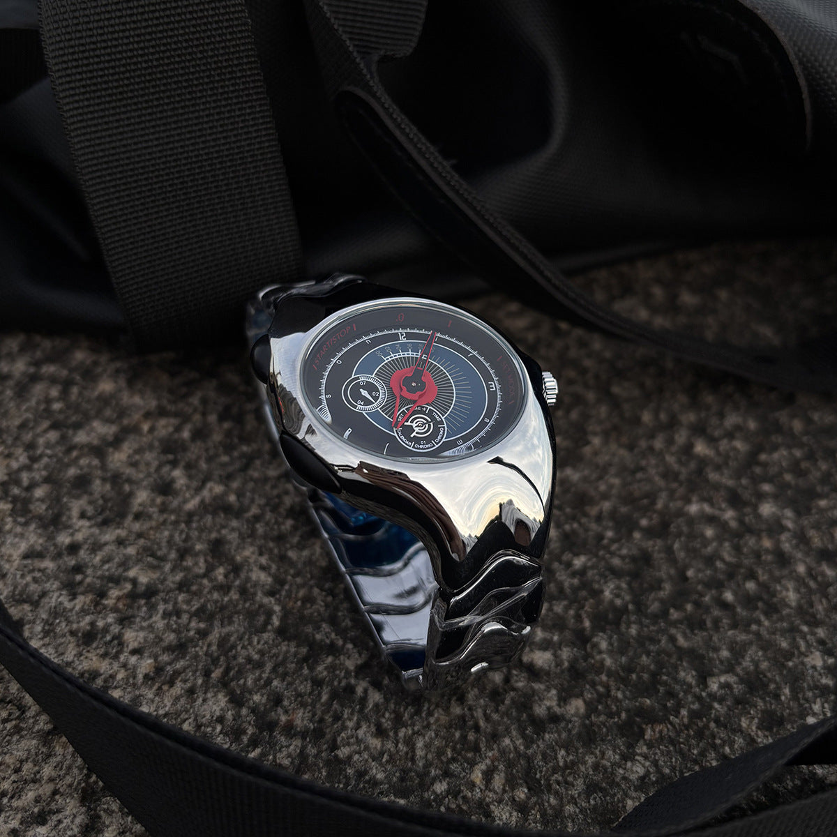 Chrono Flux red Y2K futuristic analog watch presented in box
