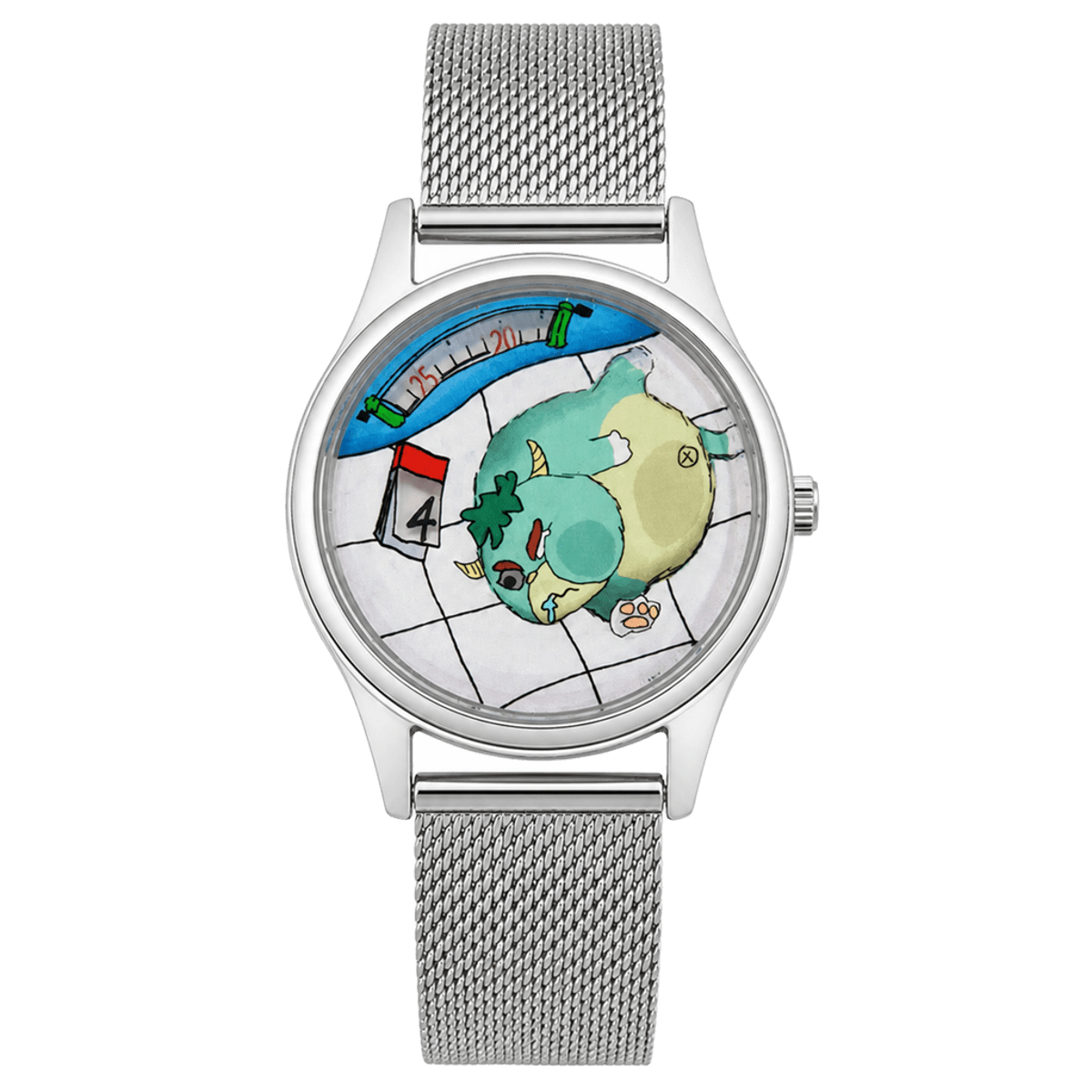 Orologio dipinto a mano Glutton con un mostro che mangia tempo a notte su un pavimento piastrellato, con cinturino in maglia argento