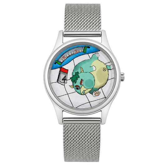 Orologio dipinto a mano Glutton con un mostro che mangia tempo a notte su un pavimento piastrellato, con cinturino in maglia argento