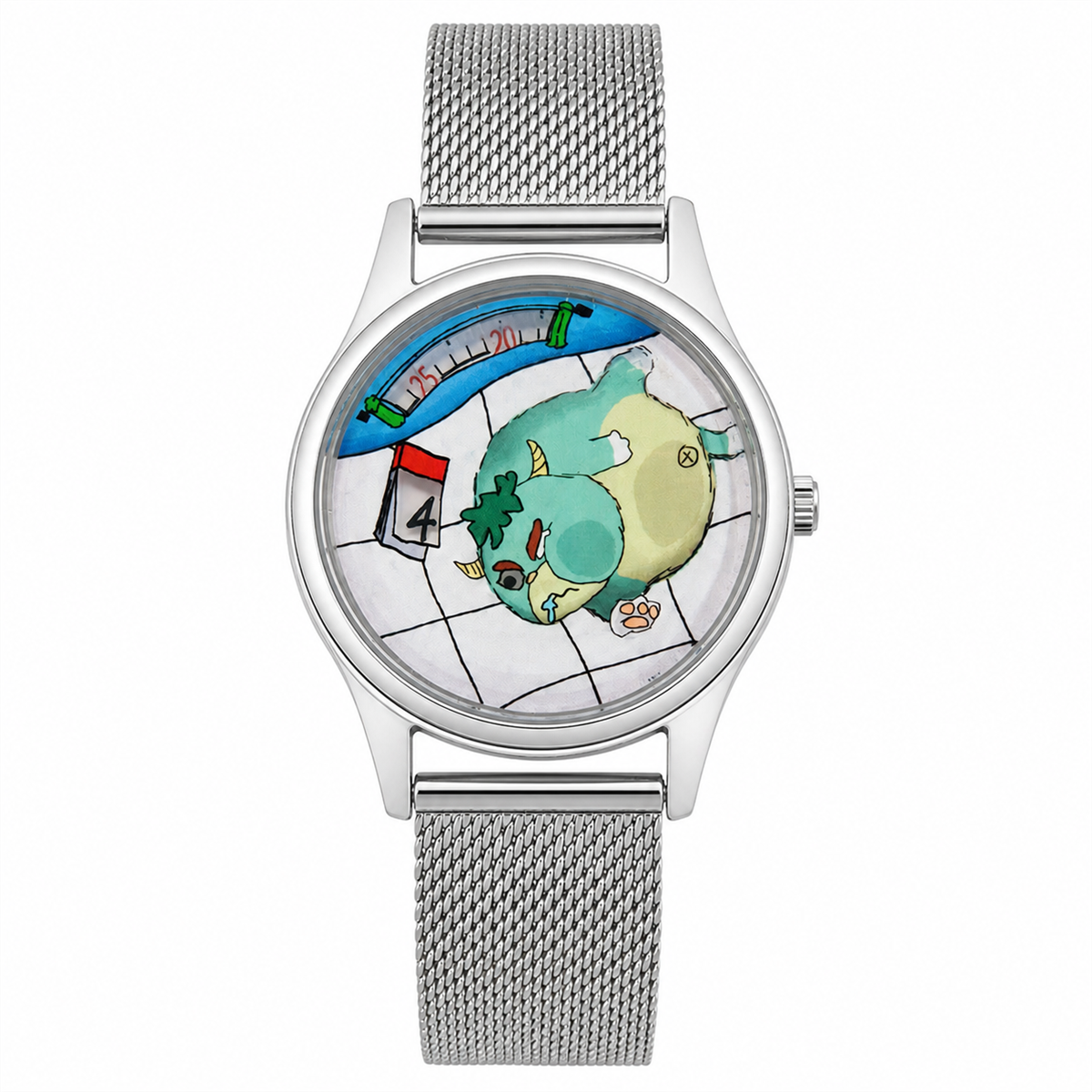 Time Glutton hand-painted watch featuring a sleeping time-eating monster on a tiled floor, with silver mesh strap