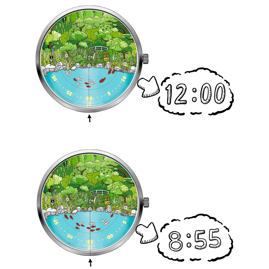 Mystic Koi Pond examples showing how koi positions display the time