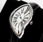 Temporal Distortion silver surrealist asymmetrical watch angled close-up