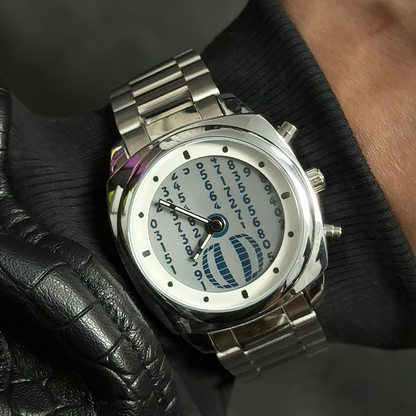 CHOOSZ Code Rain watch with gray rolling-number dial, white hour-marker ring and silver steel bracelet worn with a black jacket