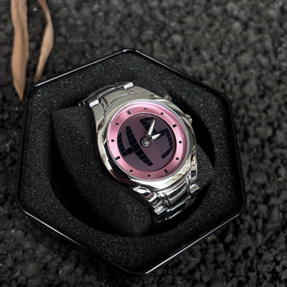 CHOOSZ Pulse Orbit pink hybrid-dial watch with silver stainless steel bracelet displayed in a black foam-lined presentation tin