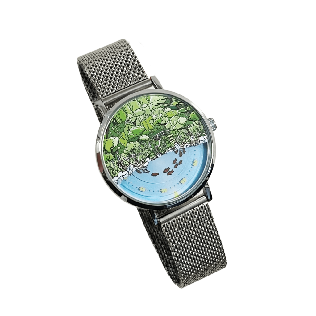 Mystic Koi Pond watch with silver mesh strap on transparent background