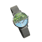 Mystic Koi Pond watch with silver mesh strap on transparent background