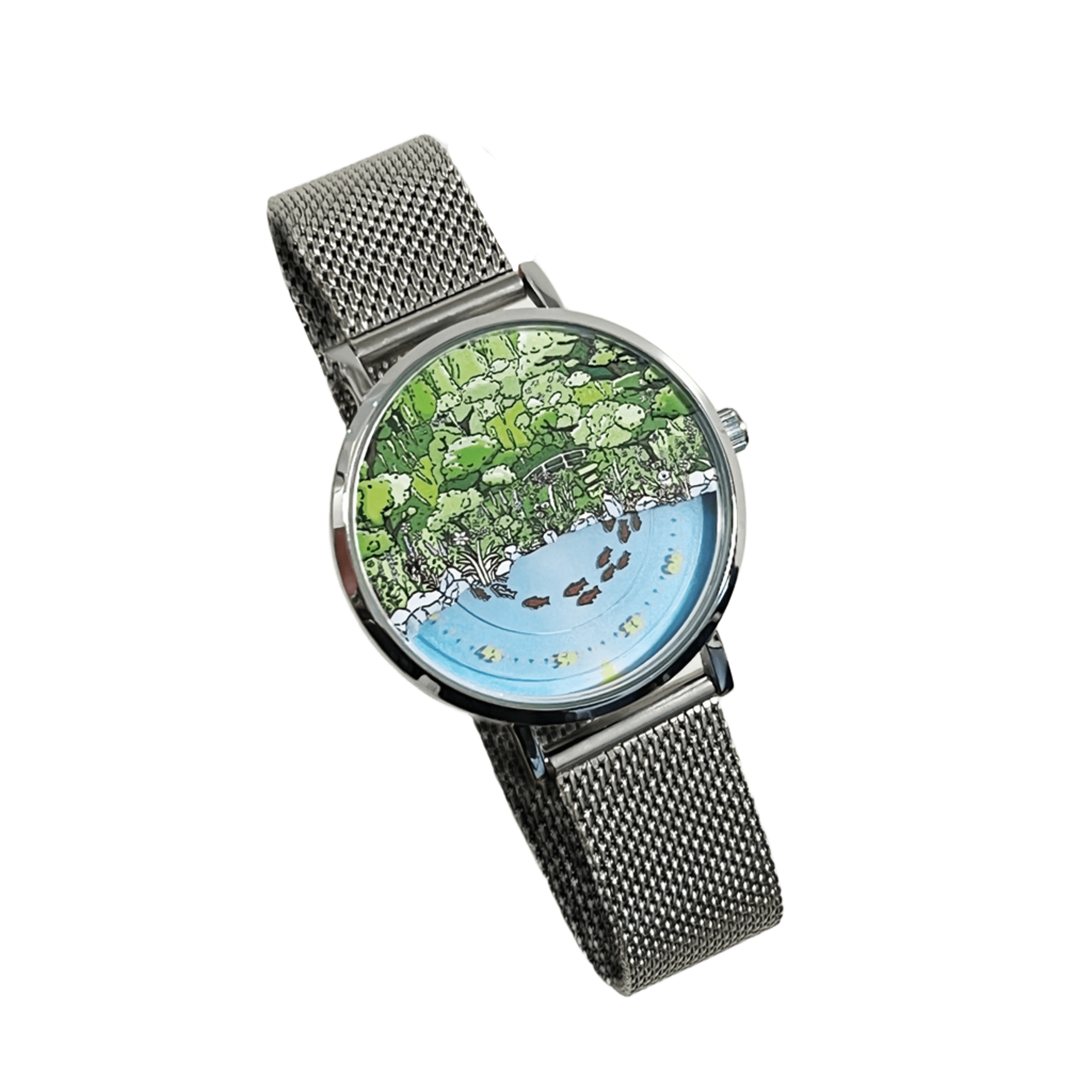 Mystic Koi Pond watch with silver mesh strap on transparent background