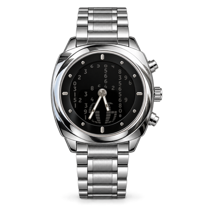 Front view of CHOOSZ Code Rain watch with black rolling-number dial, silver hour markers, analog hands and stainless steel bracelet