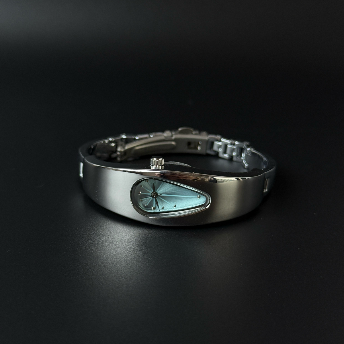 Mercury Drop blue dial Y2K futuristic waterdrop watch angled view