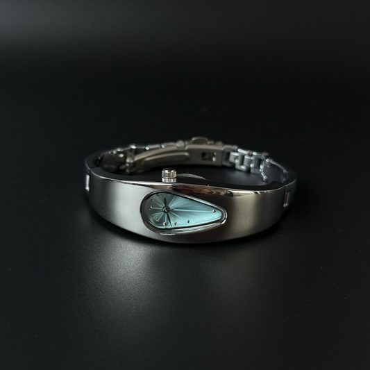 Mercury Drop blue dial Y2K futuristic waterdrop watch angled view
