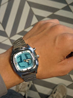 Pulse Matrix blue dial Y2K animated seconds watch wrist close-up