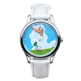 CHOOSZ Cloud Companions watch with blue sky, white clouds and whimsical animal illustrations, silver case and white leather strap