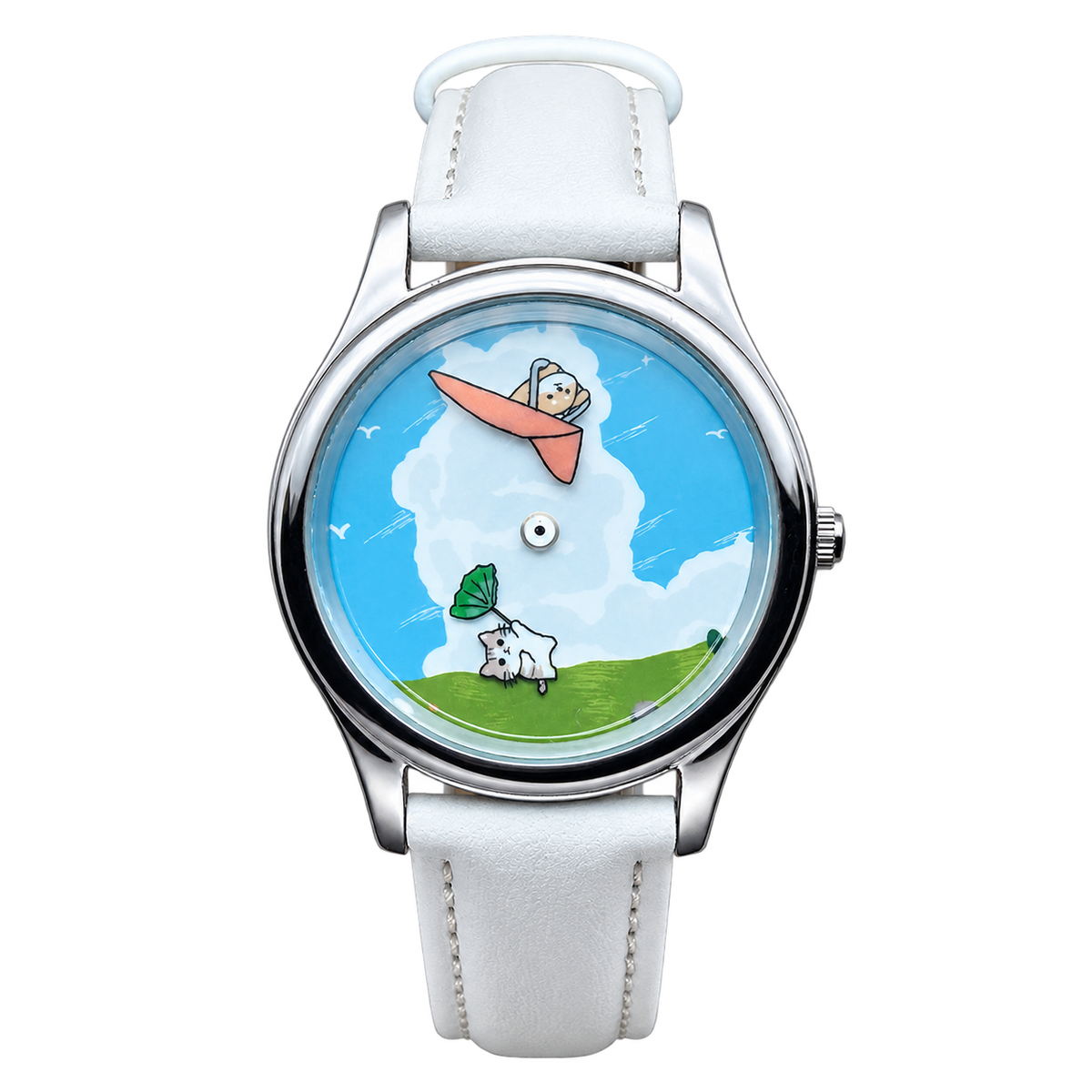 CHOOSZ Cloud Companions watch with blue sky, white clouds and whimsical animal illustrations, silver case and white leather strap