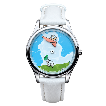 CHOOSZ Cloud Companions watch with blue sky, white clouds and whimsical animal illustrations, silver case and white leather strap