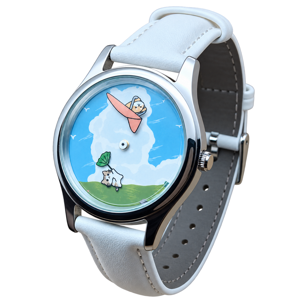 Angled view of CHOOSZ Cloud Companions watch with blue illustrated cloud dial, polished silver case and white leather strap