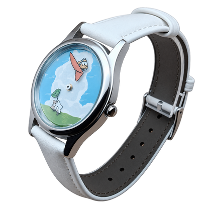 Side-angle view of CHOOSZ Cloud Companions watch showing blue cloud dial, silver crown and white leather strap with buckle