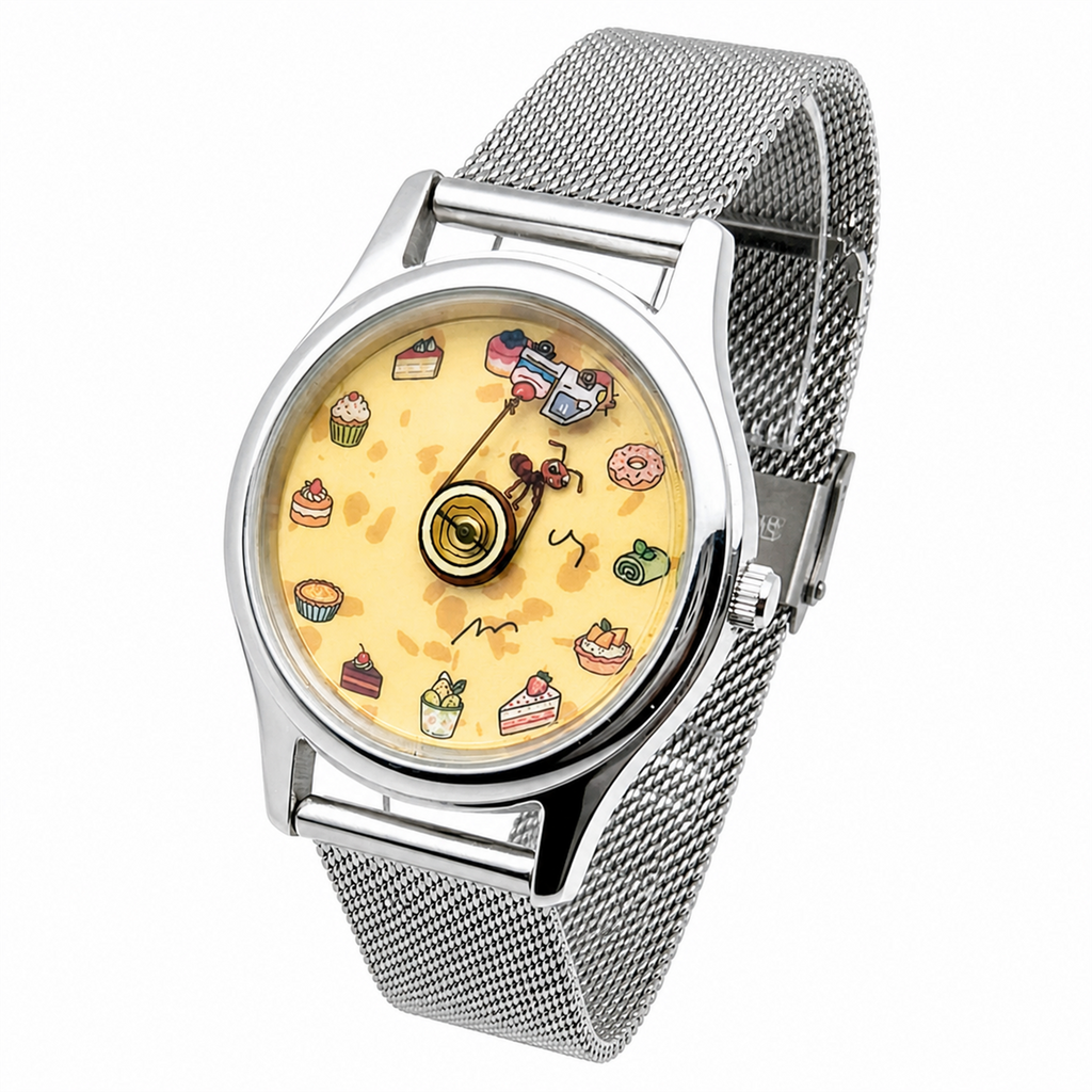 Sugar Heist hand-painted ant and dessert watch angled view with mesh strap