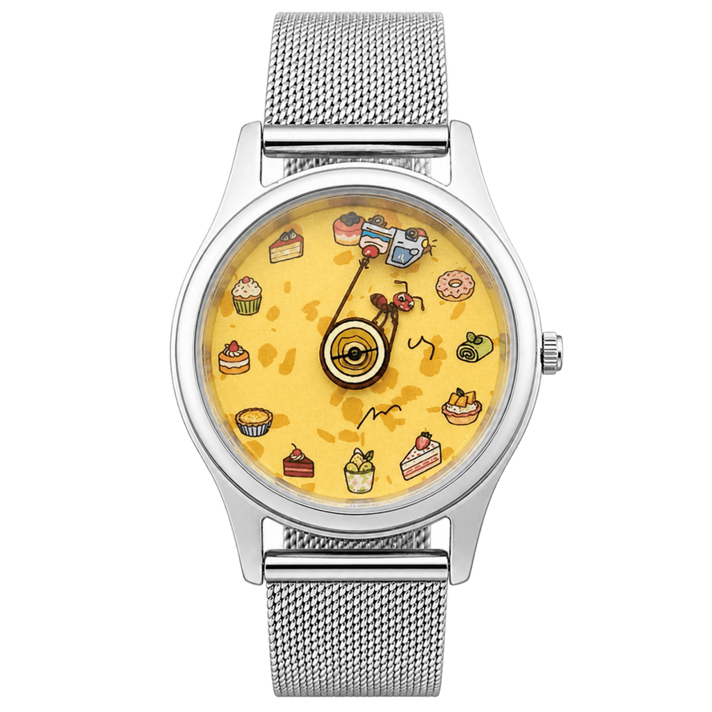 Sugar Heist hand-painted watch with ant pulling a dessert car on yellow dial
